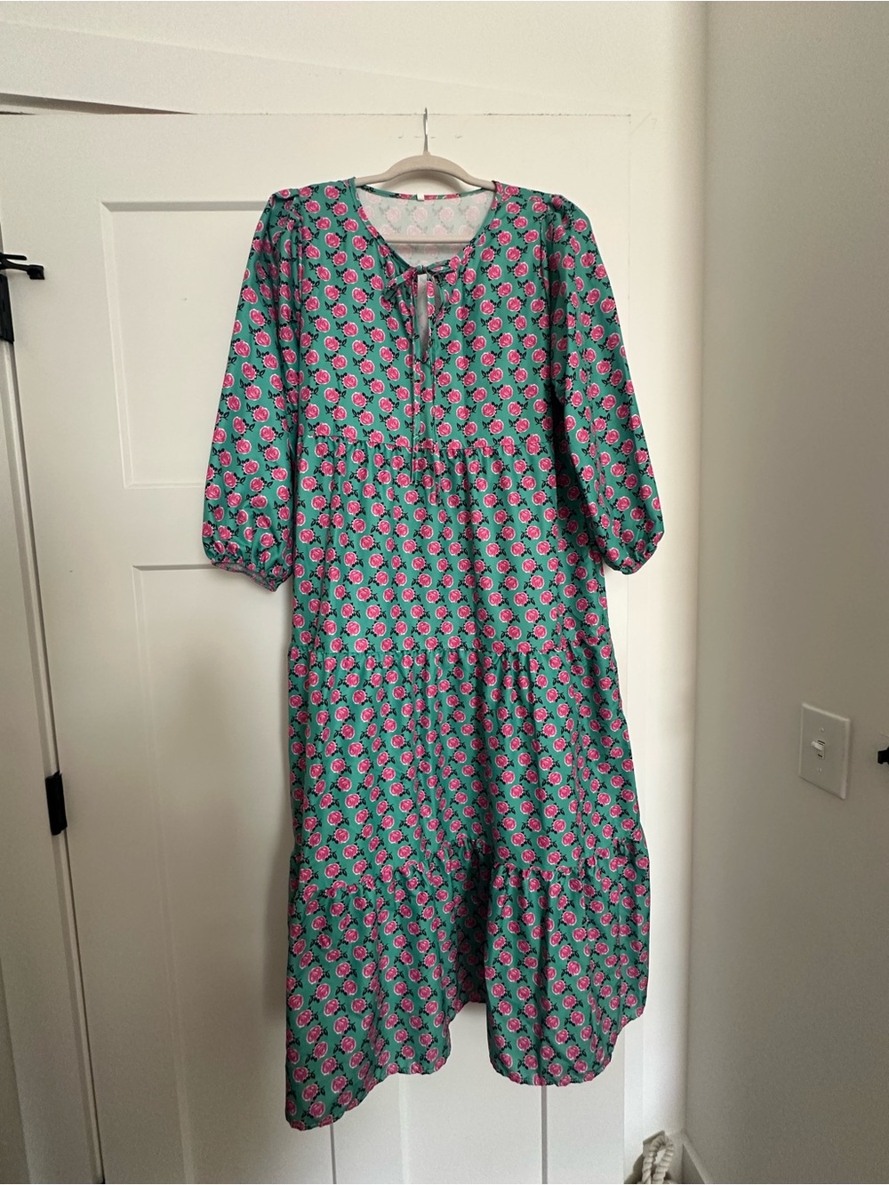 Green Floral Tiered Maxi Dress with Tie Neck